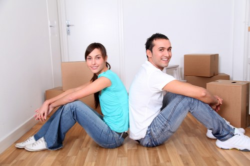 Preparation checklist scene for a flat move in Knightsbridge with labelled boxes