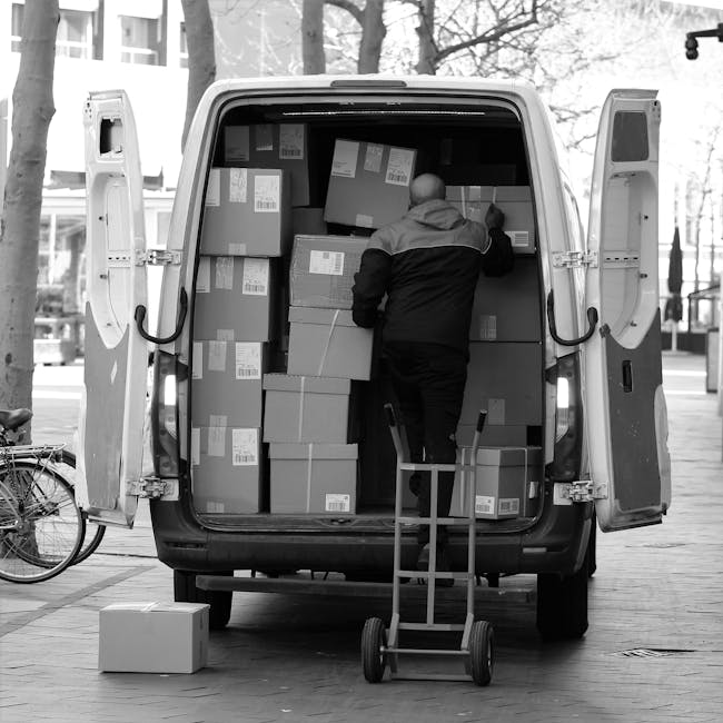 A man wearing a blue jacket and dark trousers is seen loading cardboard boxes and furniture into the back of a white commercial van on a city street. The van is parked parallel to the pavement, with its rear doors wide open, revealing an interior lined with plywood panels. The scene takes place outdoors during daylight, with a row of parked cars, including a red vehicle partially visible, along the curb. In the background, there are multi-storey buildings with white facades and large windows, and a leafless tree indicating a colder season. Several large, rounded concrete bollards line the edge of the sidewalk, separating the pedestrian area from the street. The process appears to be part of a home relocation or furniture transport service, possibly coordinated by Man and Van Knightsbridge, supported by visible moving equipment such as blankets or straps, though they are not clearly seen. The scene captures the essentials of a professional moving and packing operation in an urban environment.